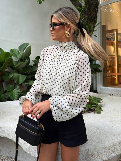 MUMRAP Women's Fashion Casual Polka Dot Bow Loose Blouse, Elegant Long Sleeve Top For Spring