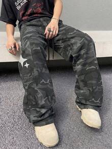 男士时尚迷彩工装裤，户外休闲阔腿裤，个性化迷彩印花宽松街头服饰 - 深灰色 - 查看 9