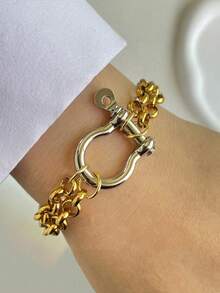 STYLEVER 1 chiếc Vòng tay dây xích kẹp giấy màu vàng có móc khóa | Vòng tay dây xích dày, Vòng tay dây xích vàng, Mặt dây chuyền hình móng ngựa bằng thép không gỉ - Vàng - Xem 9