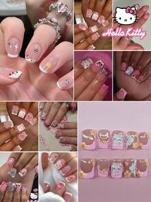 SANRIO 24 pièces Stickers de manucure française carrés avec des designs mignons de fleurs, cœurs, perles, nœuds et strass. Comprend 1 bouteille de vernis gel et 1 lime à ongles. Convient pour une utilisation quotidienne et pour les fêtes pour les femmes - Multicolore - Voir 2