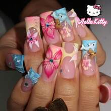 SANRIO 24片Y2K中号方形3D法式美甲贴片 - 可爱3D花朵装饰，饰以彩色珍珠和水钻，完美适配亚克力假指甲套装。适合日常派对和聚会使用。 - 彩色 - 查看 8