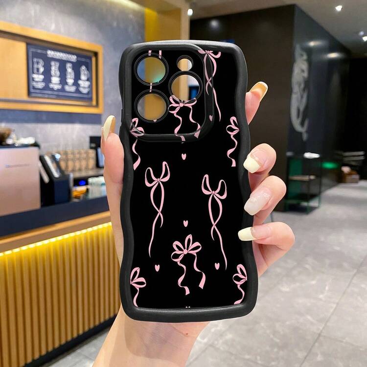 1个丝带爱心蝴蝶结防震波浪手机壳，UV印刷，适用于Galaxy/MOTO/安卓机型，国际版，非国内版 - 黑色 - 查看 1