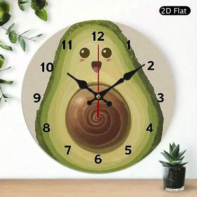 2D Flat Wall Clock, Battery-Powered, Silent Quartz Movement With No Ticking Sound, Cute Avocado  Face, Suitable For Office, Bathroom, Living Room, And Interior Decoration,Holiday Decor,Wall Deocr,House Deocr,Home Essentials,Picks