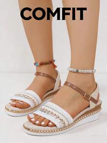 Sandal Wedges Manik-Manik Versi Lebar, Sepatu Pantai Platform Anyaman Nyaman untuk Wanita, Sandal Romawi Retro Ukuran Besar - Putih - View 7