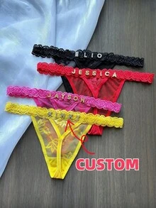 Customized Name Letter Thong, Personalized Sexy Lace Women's Bikini Underwear, Customized Name Underwear Triangle Underwear, Gifts For Girlfriends - 藍色 - 查看 7