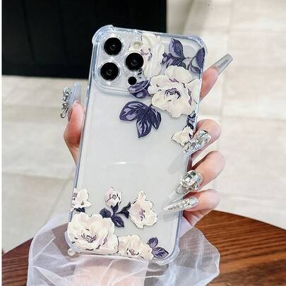 1pc TPU Material Creative Floral Print White Rose Pattern Airbag Shockproof Transparent Phone Case, Suitable For IPhone 16/16 Pro Max/15 Plus/14/13/12/11/7/8