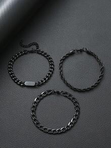 4件套男士黑色钛钢手链套装，链和费加罗链，适合日常佩戴 - 款式A - 查看 3