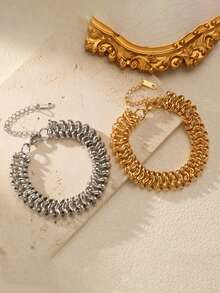 RAYQUEEN 1pc Stainless Steel Geometric Retro Hip-Hop Cool Bracelet For Women, Suitable As Holiday Gift - Yellow Gold - View 4