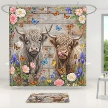 1pc/4pcs Highland Cow & Floral Retro Animal Pattern Multifunctional Bathroom Decor Shower Curtain Set, Free 12 Hooks Included, Elegant Holiday Atmosphere, Bathroom Mat, U-Shaped Toilet Mat And Round Toilet Mat, Suitable For All Scenarios Bathroom Set - Highland Cattle 2 - View 5