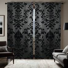Bộ 2 rèm cửa họa tiết hoa đen cổ điển - Phong cách Gothic thời Victoria, in phẳng 2D, thiết kế có túi đựng thanh treo tiện lợi, hoàn hảo cho trang trí phòng khách và phòng ngủ. - Nhiều màu - Xem 2