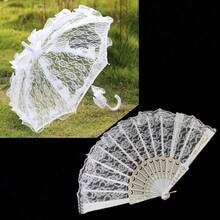 2件套蕾丝伞和蕾丝塑料扇婚礼配饰套装，欧式新娘伞，户外婚礼装饰伞扇套装，最佳礼物，婚礼摄影道具，适合婚礼和舞蹈表演；白色新娘扇，白色折叠扇，大型手持扇，适合单身派对和婚礼装饰 - 彩色 - 查看 11