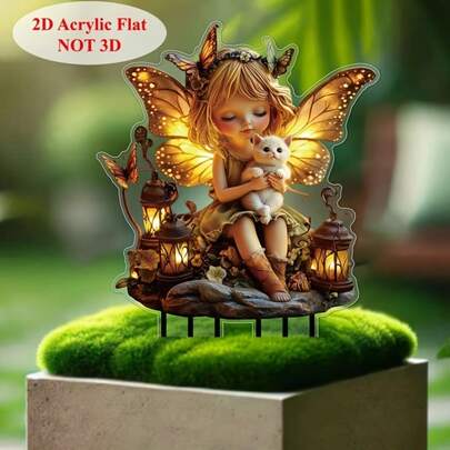 Đĩa trang trí sân vườn 2D bằng acrylic hình nàng tiên và mèo kèm đèn lồng và bướm - Hoàn hảo cho trang trí ngoài trời, Ngày của Mẹ, lễ hội mùa xuân và trưng bày sân vườn, trang trí vườn cổ tích, trang trí mùa xuân, tạo không gian huyền ảo, không cần điện.