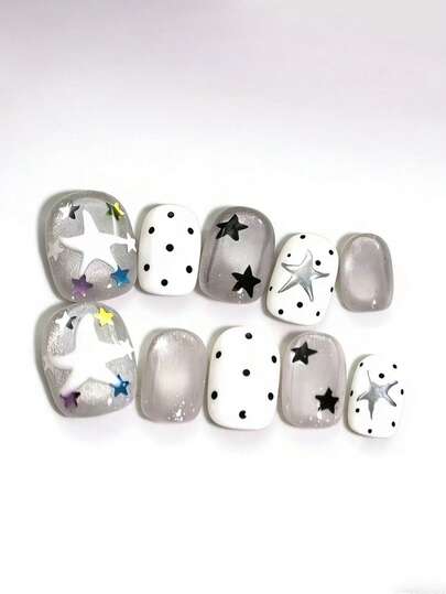 10pcs It's Named Star Dot Silver Gray. This Manicure Features A Monochromatic Silver-Gray And White Base, Paired With Large White Star Motifs, Colorful Star Accents, Black Polka Dots, And Metallic Silver Star Details. The Glossy Finish Catches Light Like A Starry Night Sky Dotted With Playful Polka Dots, Creating A Cute, Whimsical Vibe That's Both Gentle And Lively.