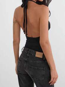 Women Studded Halter Top Sleeveless Open Back V Neck Slim Fit Tank Top Y2k Going Out Tops Club Party Outfits - 黑色 - 查看 4