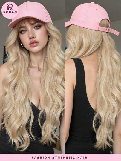 26 Inch Golden Long Curly Wig With Pink Integrated Baseball Cap, Heat Resistant, Suitable For Daily Wear