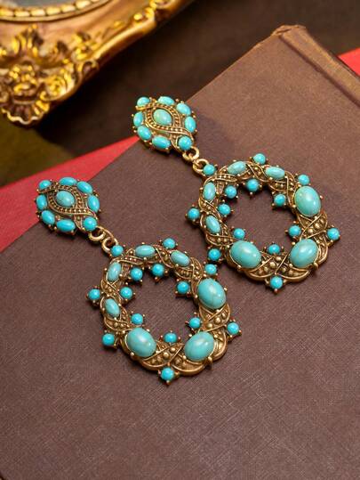 复古欧美风格花环镶嵌宝石设计优雅奢华耳环，适合夏季度假、海滩派对、日常通勤、复古主题活动，是打造波西米亚中世纪氛围的必备奢华配饰。