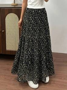 EARO Women's Long Ditsy Floral Skirt, Elastic Waist Design, Casual Black Printed Long Skirt, Made Of Non-Stretch Fabric Vacation - Black - View 1