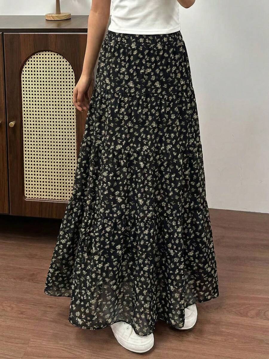 EARO Women's Long Ditsy Floral Skirt, Elastic Waist Design, Casual Black Printed Long Skirt, Made Of Non-Stretch Fabric Vacation - Black - View 1