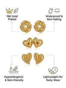 Title: 1 Pair 18K Gold Plated Vintage Stud Earrings For Women, Joined Double Heart & Knotted Circle & Ribbed Texture Studs, Hypoallergenic Tarnish-Free Jewelry/Vintage, Earrings For Women, Earrings, Gold Earrings Women - Gold Ear Stud - View 5