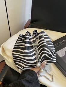 Zebra Print Fashion New One Shoulder Diagonal Handbag, Briefcase, Office Commute Bag, Drawstring Bucket Bag, Minimalist Stylish Metal Chain Shoulder Bag - Multicolor - View 6