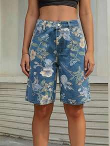 Damen Bedruckte Denim-Shorts, nicht dehnbar, Sommer Urlaubs Lässig - Blau - Übersicht 2