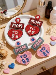 1 Pair "MOM TO BE" Rice Bead Pearl Drop Earrings, Mother's Day Creative Gift Handmade Heart Letter Pendant Earrings, Mother's Day Gift - Multicolor - View 7