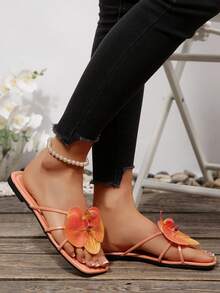 French Style Flower Decor One-Strap Flat Sandals, Suitable For Dates, Shopping, Gatherings, Parties, Commuting, Business, Summer - Coral Orange - View 9