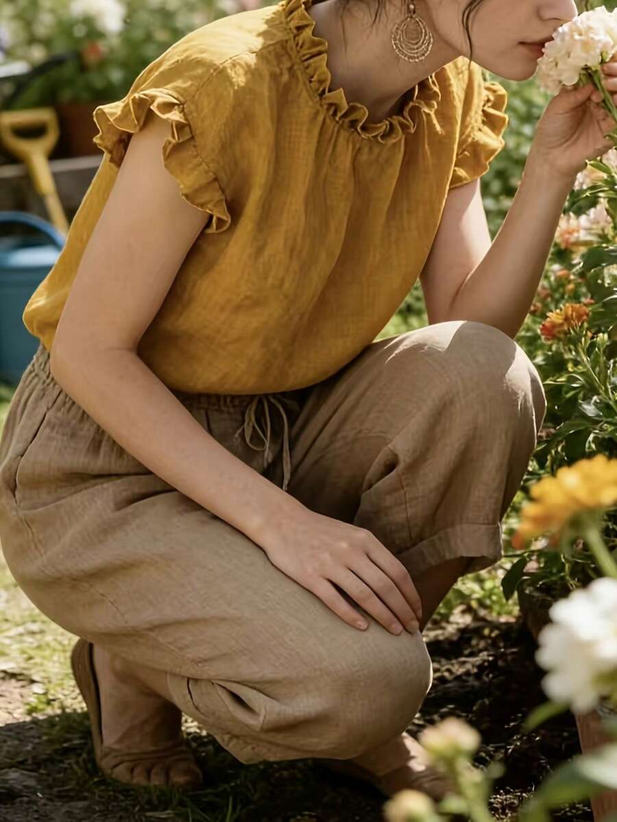 优雅女士荷叶边领宽松休闲衬衫 - 芥末黃 - 查看 1