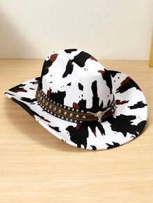 1pc Unisex Polyester Cow Print Cowboy Hat - Leather Rivet Bull Head Decor, Perfect For Horse Riding, Outdoor Travel, Cowboy Party, And Daily Wear - Multicolor - View 10