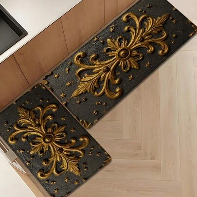 1pc Vintage Pattern Printed Linen Kitchen Rug, Bathroom Mat, Doormat, 3D Floral Rectangle Carpet For Living Room, Bedroom, Hallway, Bathroom, Laundry Room - Polyester, Suitable For Indoor And Outdoor Home Decor