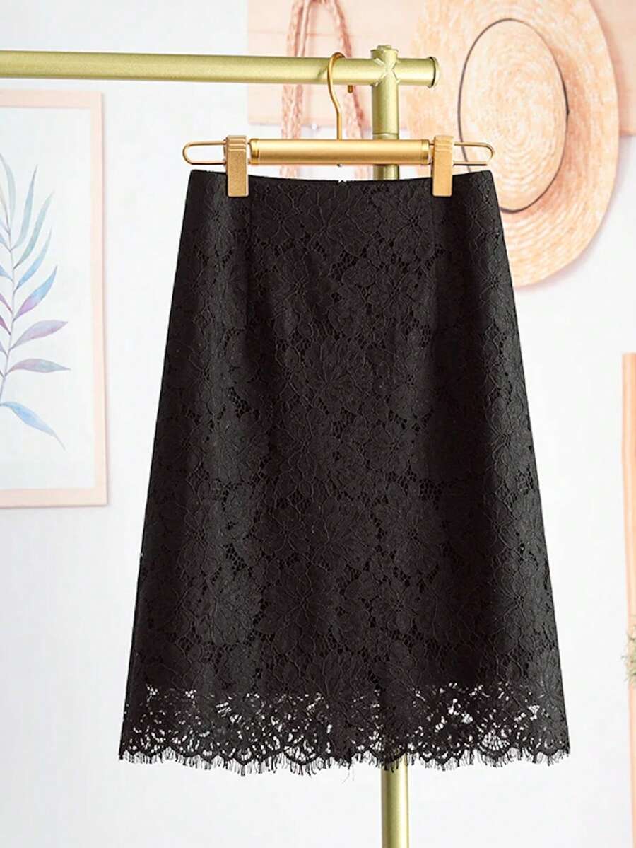 2026 Nueva Falda Vintage de Encaje Corte A, Falda Negra Ajustada para Petite - Negro - Ver 1