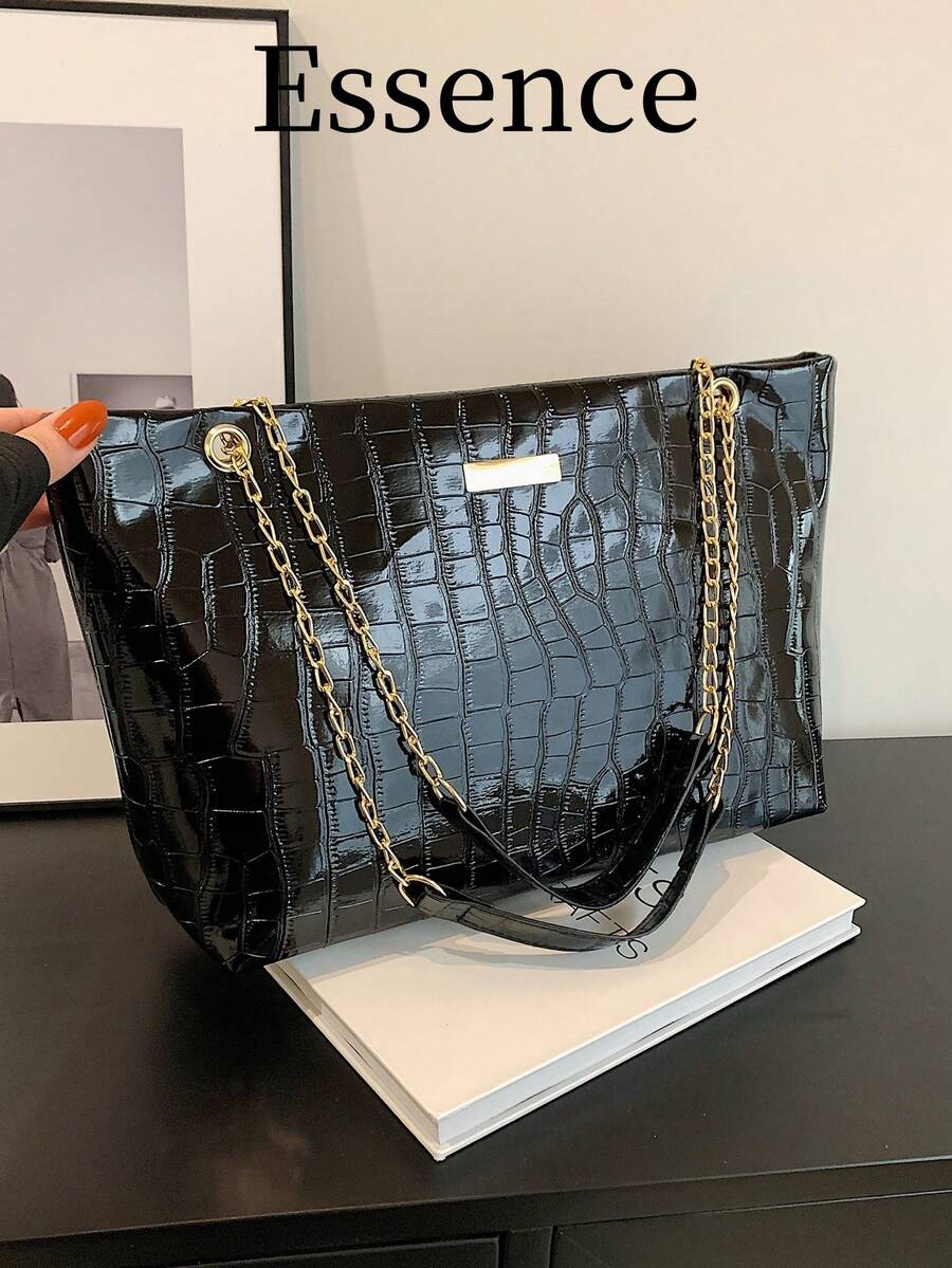 大容量单肩手提包金属装饰链条肩带书包、学校手提包、返校背包、大容量、轻便、便携、商务休闲，适合少女、女大学生、新秀和白领工作者，非常适合返校、开学第一天、大学、中学、高中、工作、商务、通勤 - 黑色 - 查看 1