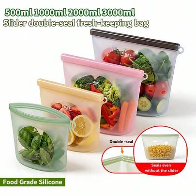 500ml/1000ml/2000ml/3000ml Leak-Proof Silicone Seal Freezer Bags, Reusable Silicone Food Storage Bags