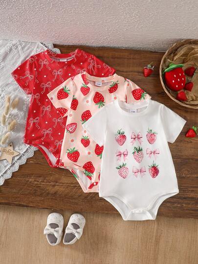 3件套女婴休闲蝴蝶结、波点、草莓和花朵印花柔软舒适针织连体衣，适合户外穿着，春夏款