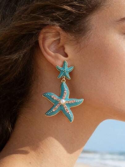 1 Pair Elegant Rhinestone Starfish Earrings, Suitable For Vacation, Holiday, Birthday, Date, Party, Casual Wear