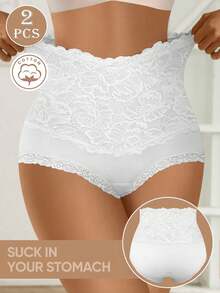 MEIYATING 2 chiếc quần lót nữ cạp cao định hình, họa tiết jacquard, vừa vặn thoải mái, viền ren, nâng mông. - Nhiều màu - Xem 3