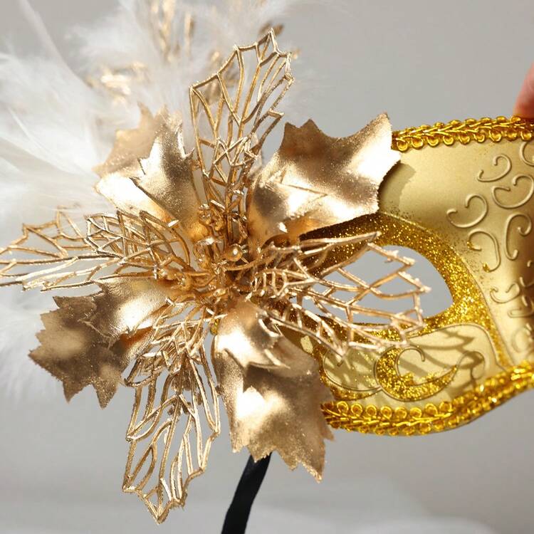 逼真花叶闪光羽毛面具，女士派对服装配饰，并排花朵造型，神秘性感妆容舞会面具 - 彩色 - 查看 8