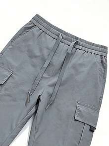男士纯色多口袋工装裤，抽绳腰带，休闲宽松直筒裤型，适合春、夏、秋、冬四季穿着，时尚街头风，送给男友/老公的礼物，周年纪念礼物 - 深灰色 - 查看 3