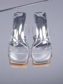 1 Pair Plus Size Silver High Heel Sandals For Teenage Girls, Solid Color Soft Criss-Cross Strap, Square Toe Stiletto Heel, Casual Beach Wedge Slippers, Suitable For Daily, Vacation, Spring/Summer - Silver - View 3