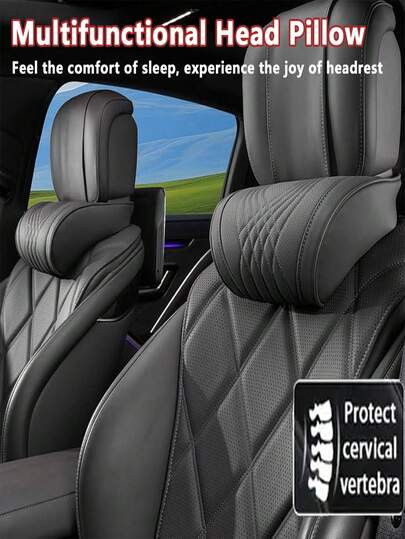 Luxury Car Neck Pillow, Nappa Genuine Leather Headrest Cushion, Neck & Lumbar Support Pillow, Breathable, Embroidered Design, Suitable For All Seasons, Car Interior Decor Accessory
