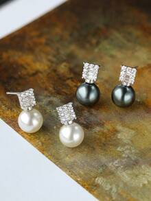 Elegant Black/Pink Pearl Earrings, Delicate Crystal Inlay, Gift For Girlfriend/Best Friend, Luxury Jewelry - Black and White - View 2