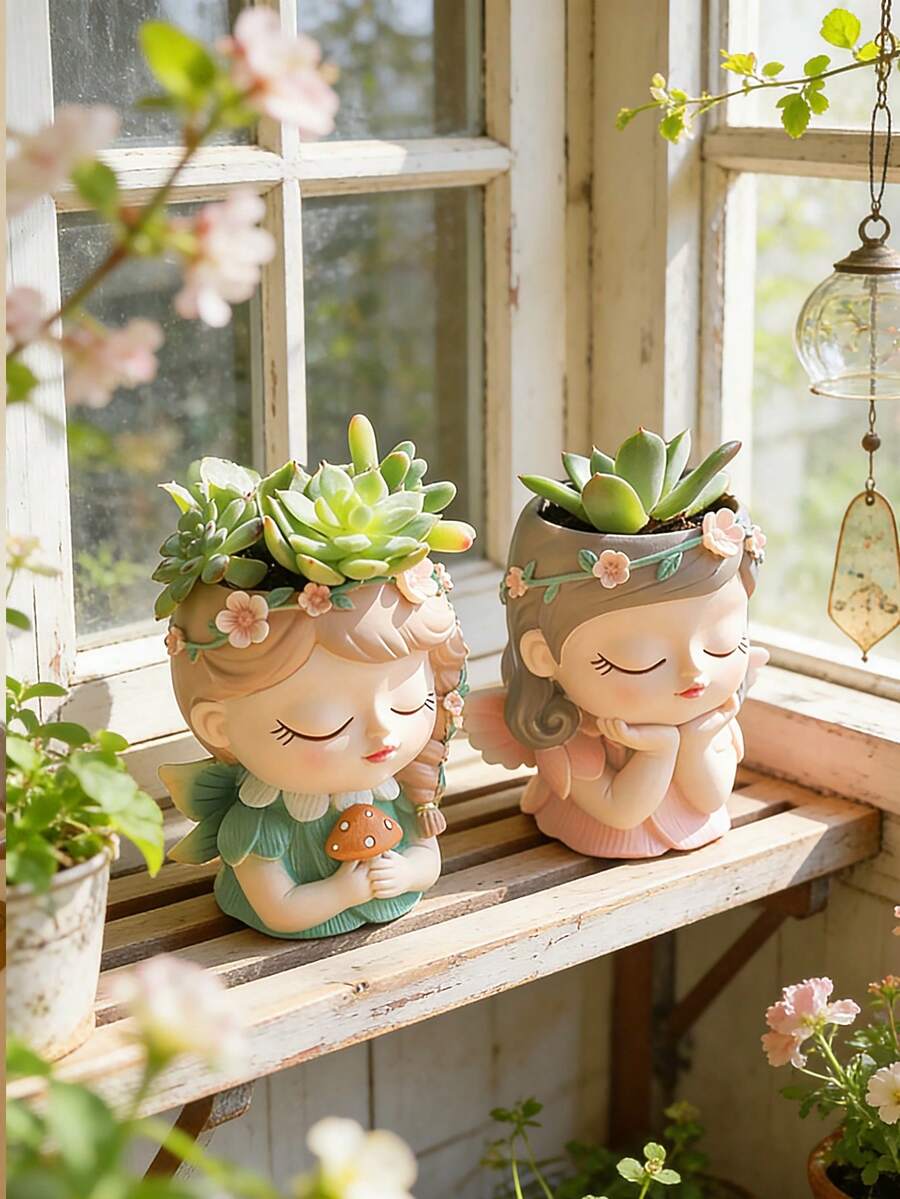 Elegant Resin Girl Succulent Pot With Delicate Floral Accents, Cute Cartoon Figurine Planter For Indoor Plants, Perfect For Boho Home Decor, Ideal For Displaying On Your Nightstand, Living Room Mantel, Or Balcony, A Unique And Charming Gift For Birthdays, Housewarmings, Or Plant Parent Celebrations, Combines Functional Planting With Whimsical Artistry - A - View 1