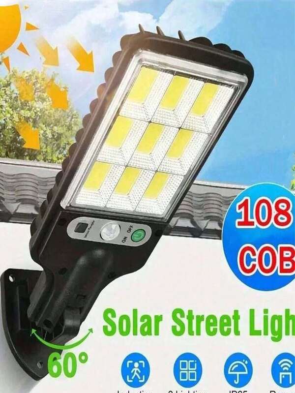 1/2 piezas Luz solar para sendero exterior, Foco exterior de 108 COB, Cabezal de lámpara desmontable/regulable/giratoria, Iluminación de con sensor de movimiento + sistema de control de luz inteligente, 3 niveles de brillo, Fabricado en ABS+PC resistente a la intemperie, Batería recargable incorporada de 1200 mAh, Lámpara de emergencia solar para camping, Adecuada para porche, jardín