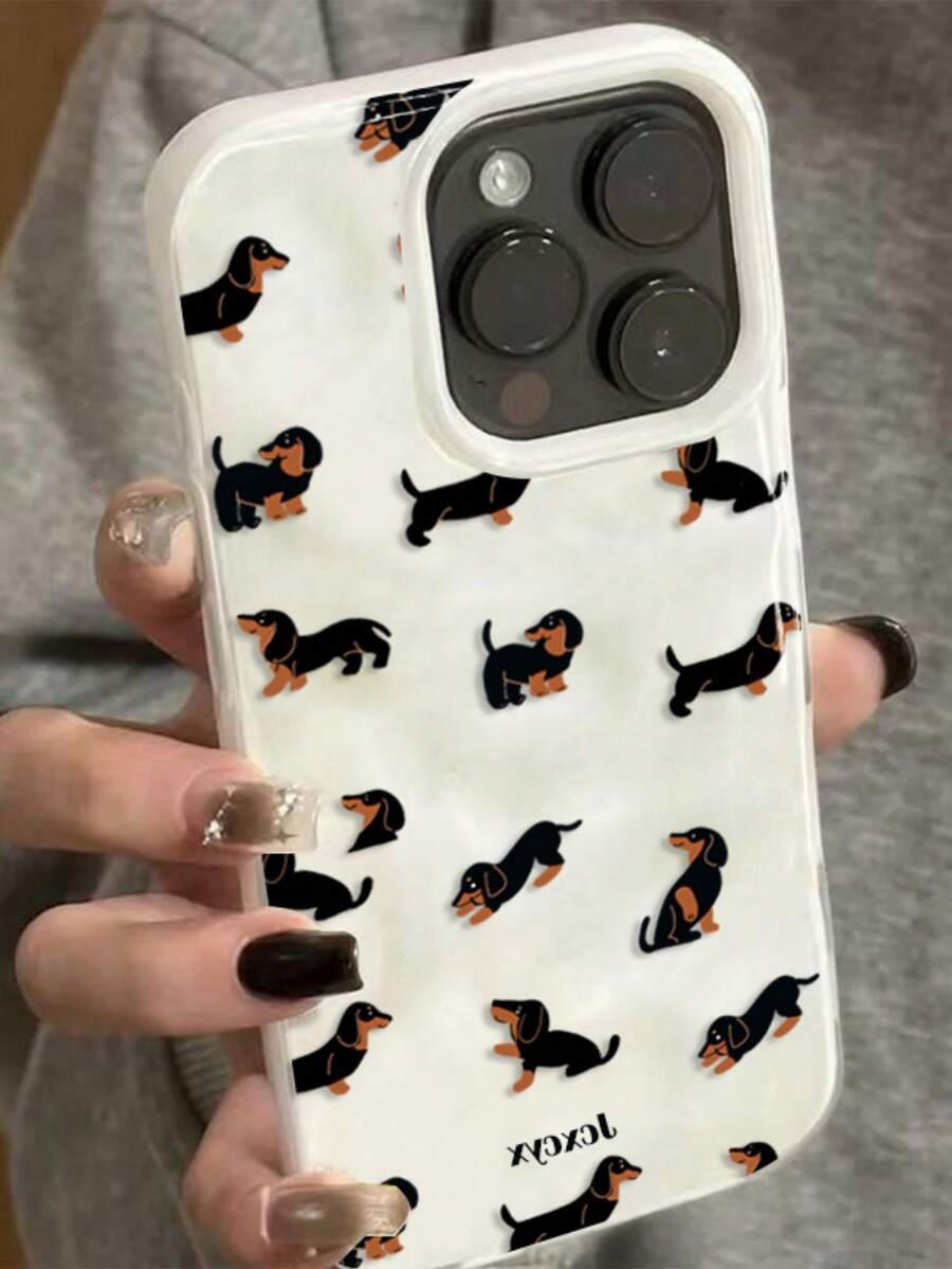 Cute Cartoon Dachshund Sausage Dog Pattern Wrinkled Texture Soft Phone Case Compatible With IPhone 17 Pro Max 17 Pro 16 15 14 13 12 Pro Max 14 15 16 Plus 11 Lovely Jelly Folds Texture TPU Cover Irregular Water Ripple Shell - White - View 1