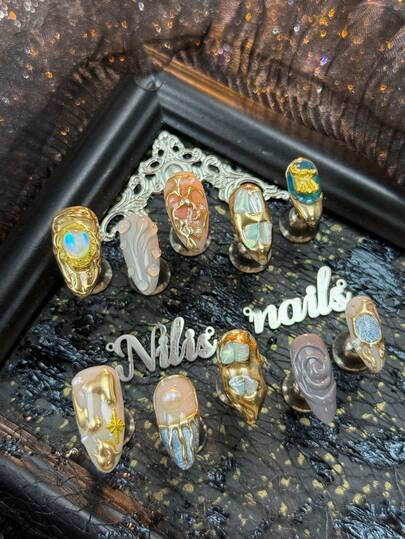 10片/套 手工杏仁形Y2K坏女孩风格美甲贴片，香槟蓝猫眼美甲贴片，灰橙扎染法式美甲贴片，灰色拉丝手工金属几何图案珍珠装饰，全覆盖假指甲，适合女性，适合各种场合和日常佩戴，是送给女性和女孩的绝佳礼物，也适合在派对、音乐节等场合使用，套装包含1个果冻垫和1个指甲锉。