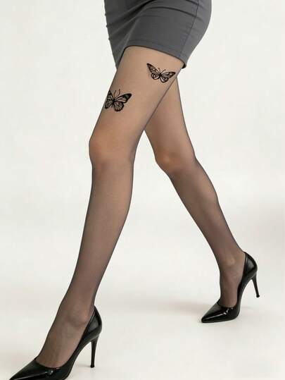 1双蝴蝶印花迷人透明连裤袜，性感诱人女士紧身裤