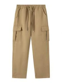 Pantalones cargo de hombre de color caqui tejido, cintura elástica con cordón, bolsillos laterales dobles, pantalones casuales - Caqui - Ver 4