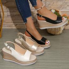 Giày sandal cao gót đế xuồng, quai ngang mắt cá chân, hở mũi, họa tiết dệt dành cho nữ, thích hợp cho mùa hè. - Vàng - Xem 7