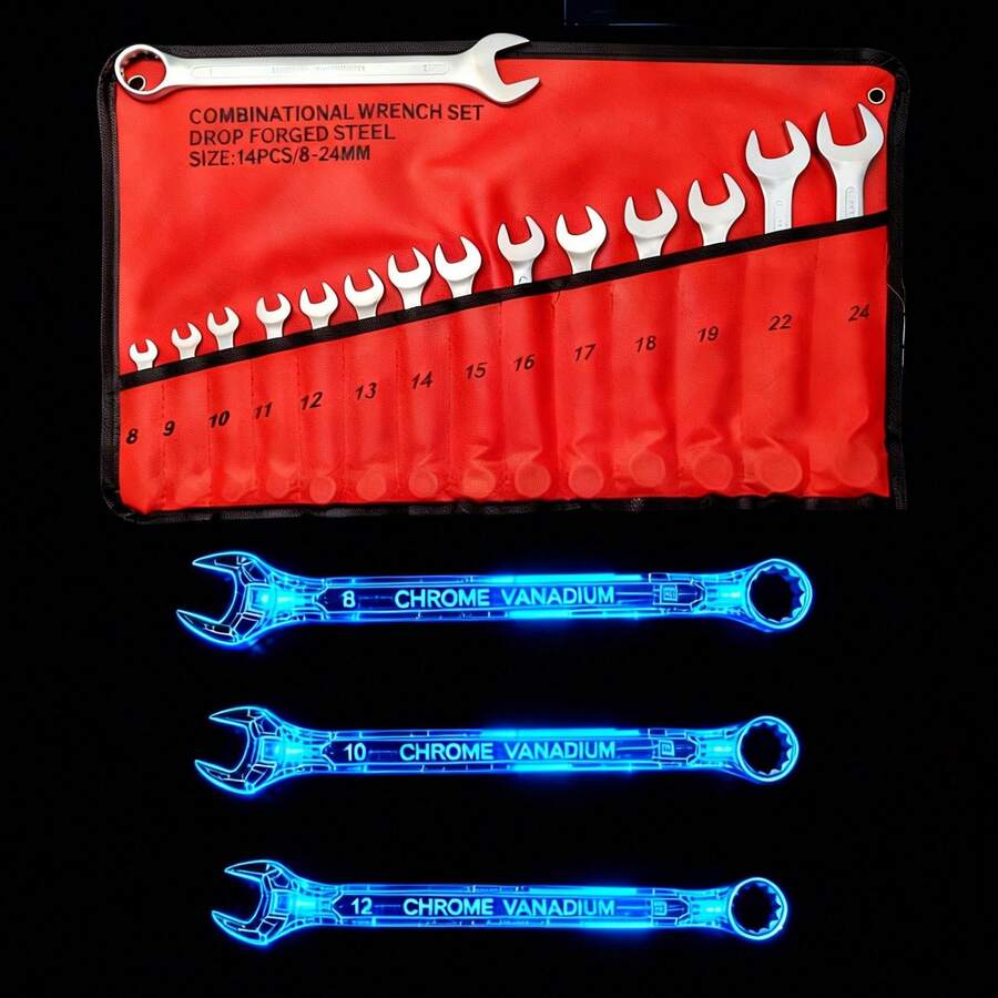 8-10-12mm Industrial Matte Finish Ribbed Open-End Wrench, Fixed Wrench, Pearl Nickel-Chromium-Vanadium Steel Spline Wrench, Reversible Wrench Set - 8-10-12 Three-piece Set - View 1