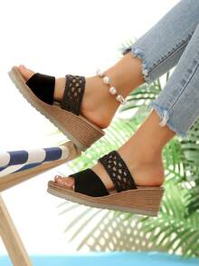 Damen neue Mode leichte & bequeme Keilsandalen, Sommer Strand Urlaub offene Zehenschuhe, geeignet für den täglichen Gebrauch, Urlaub, Party, Zuhause - Schwarz - Übersicht 2